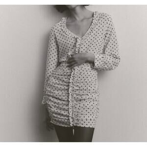 Zara Dress ECRU Womens Medium White Black Polka Dot Stretch Gathers Ruching